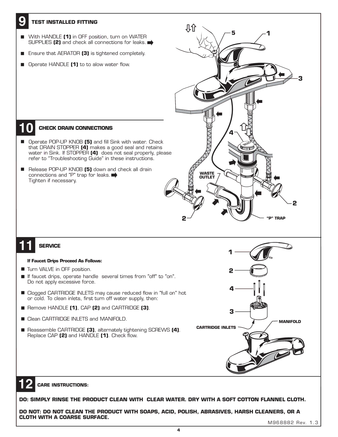 American Standard 2175.503 installation instructions Test Installed Fitting, Check Drain Connections, Service 