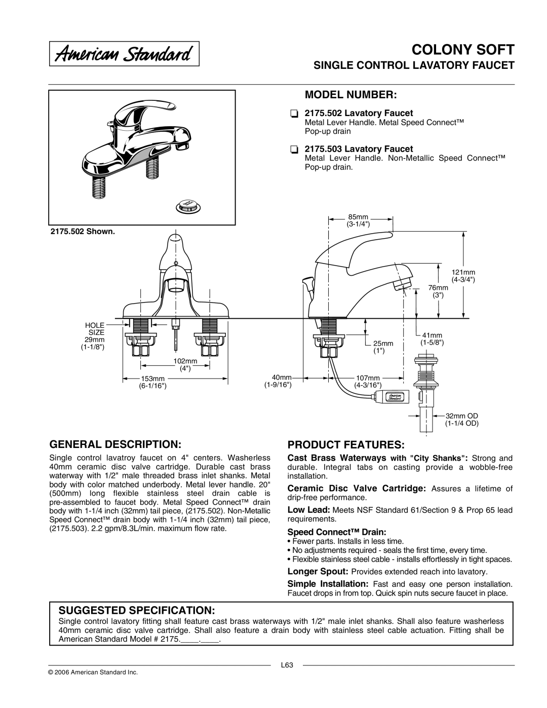 American Standard 2175.503 specifications Single Control Lavatory Faucet Model Number, General Description 