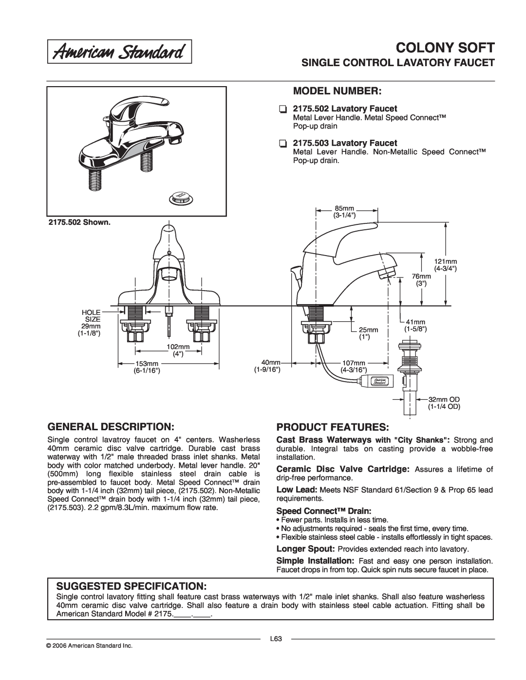 American Standard Single Control Lavatory Faucet with Speed Connect Drain installation instructions Installation, 2175.503 