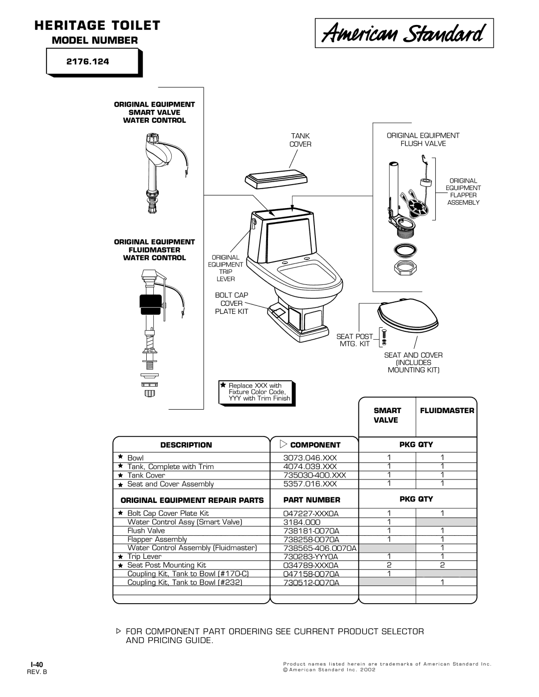 American Standard 2176.124 manual Heritage Toilet, Model Number, Smart Fluidmaster Valve Description Component PKG QTY 