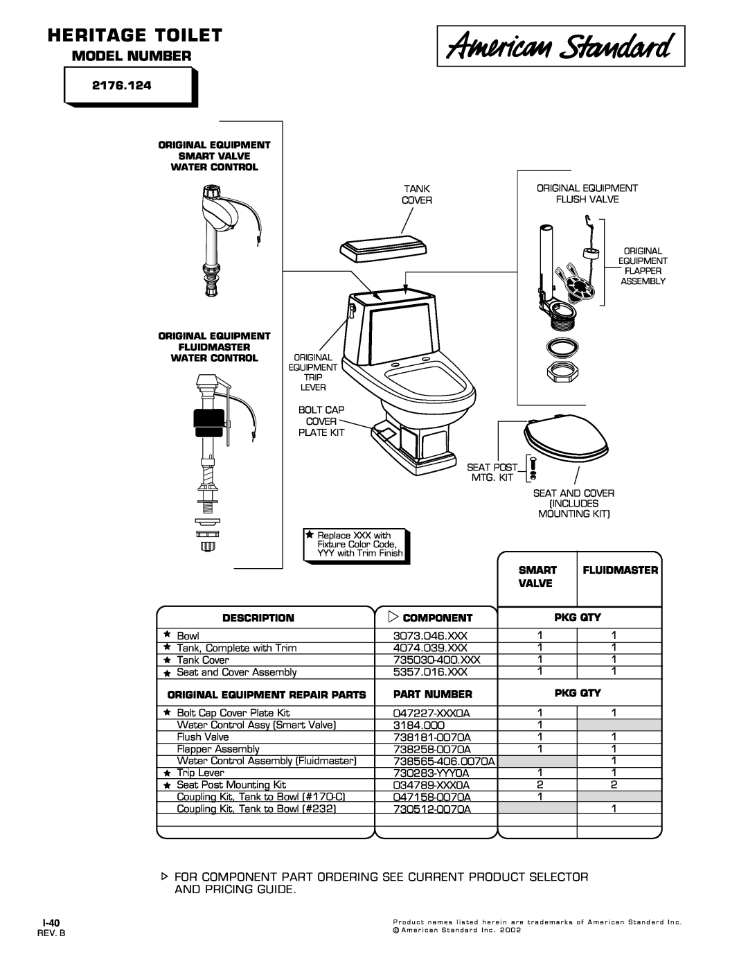 American Standard 2176.124 manual Heritage Toilet, Model Number, Smart, Fluidmaster, Valve, Description, Component, I-40 