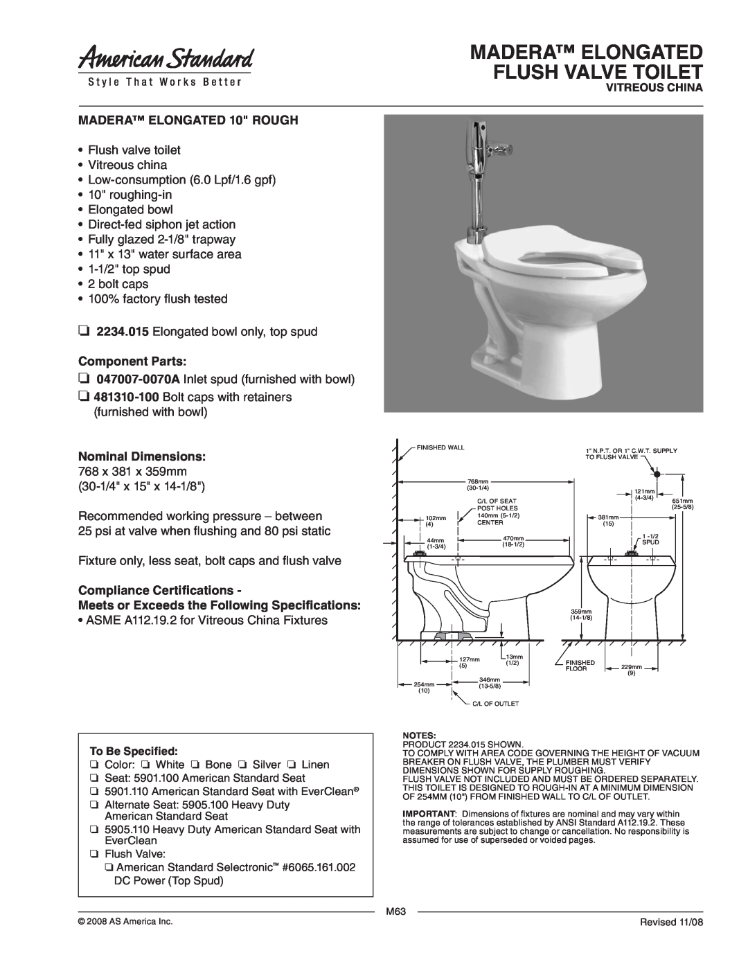 American Standard 481310-100 dimensions Madera Elongated Flush Valve Toilet, MADERA ELONGATED 10 ROUGH, Component Parts 