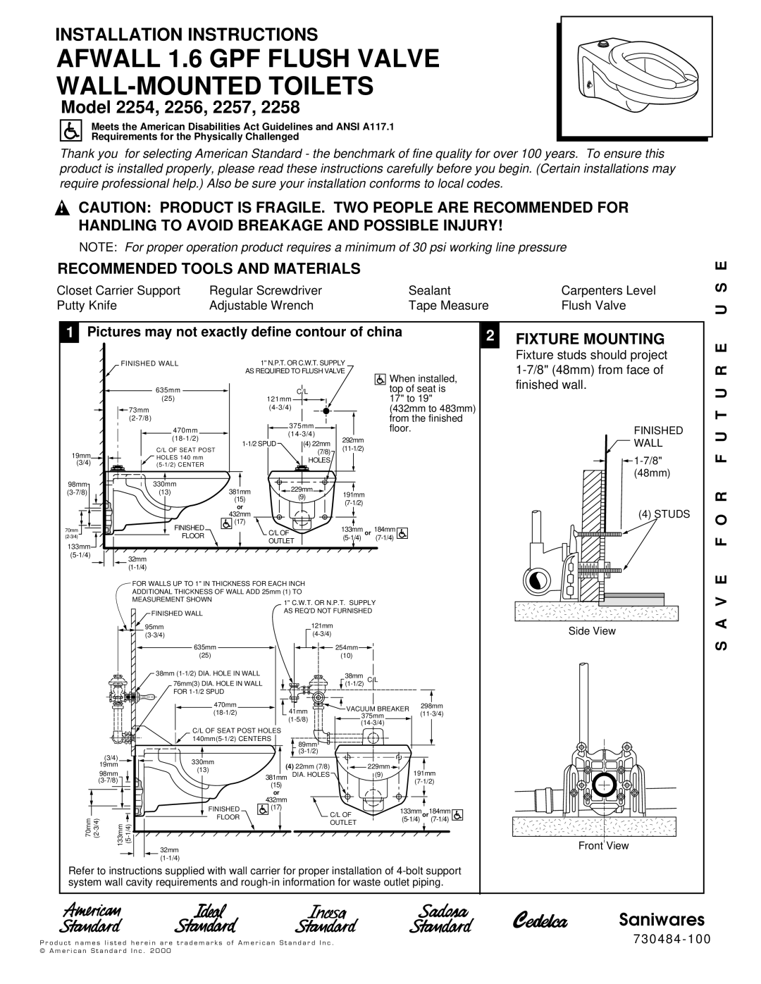 American Standard 2258 installation instructions Recommended Tools and Materials, Fixture Mounting, F O R F U T U R E 