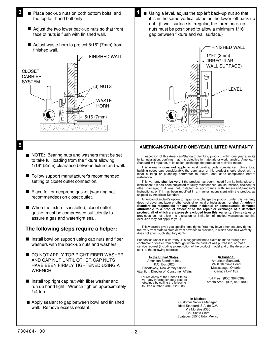 American Standard 2256, 2254 Finished wall, 16 2mm, Nuts, 16 7mm, To take full loading from the fixture allowing, 730484 