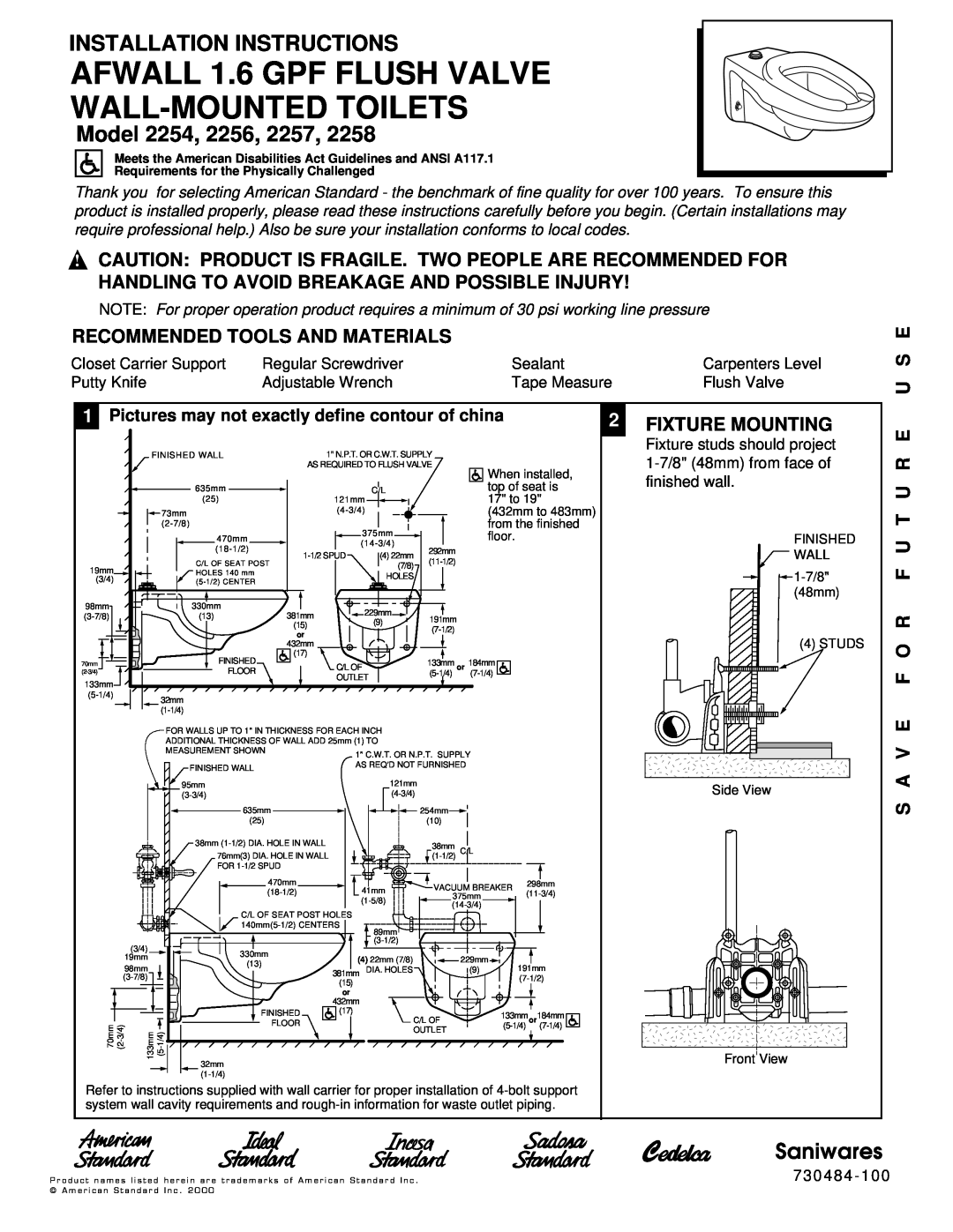 American Standard 2258, 2254 installation instructions Recommended Tools And Materials, U S E, 2FIXTURE MOUNTING, Model 