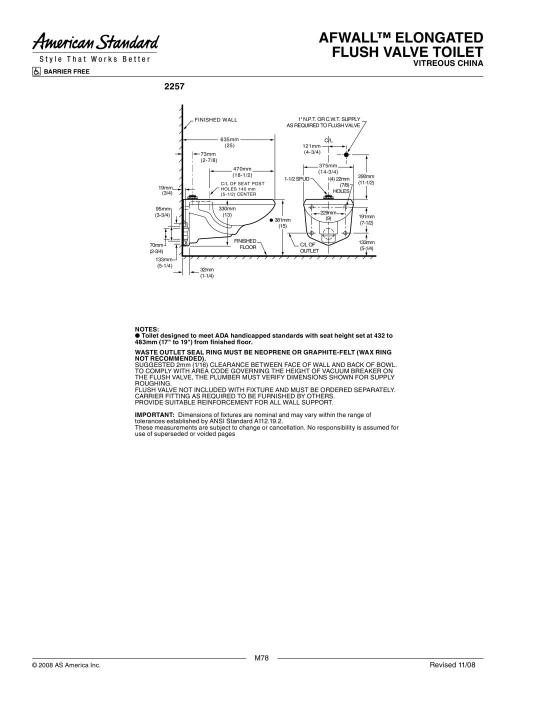 American Standard 2257.103 dimensions Finished Wall, Holes, Floor 