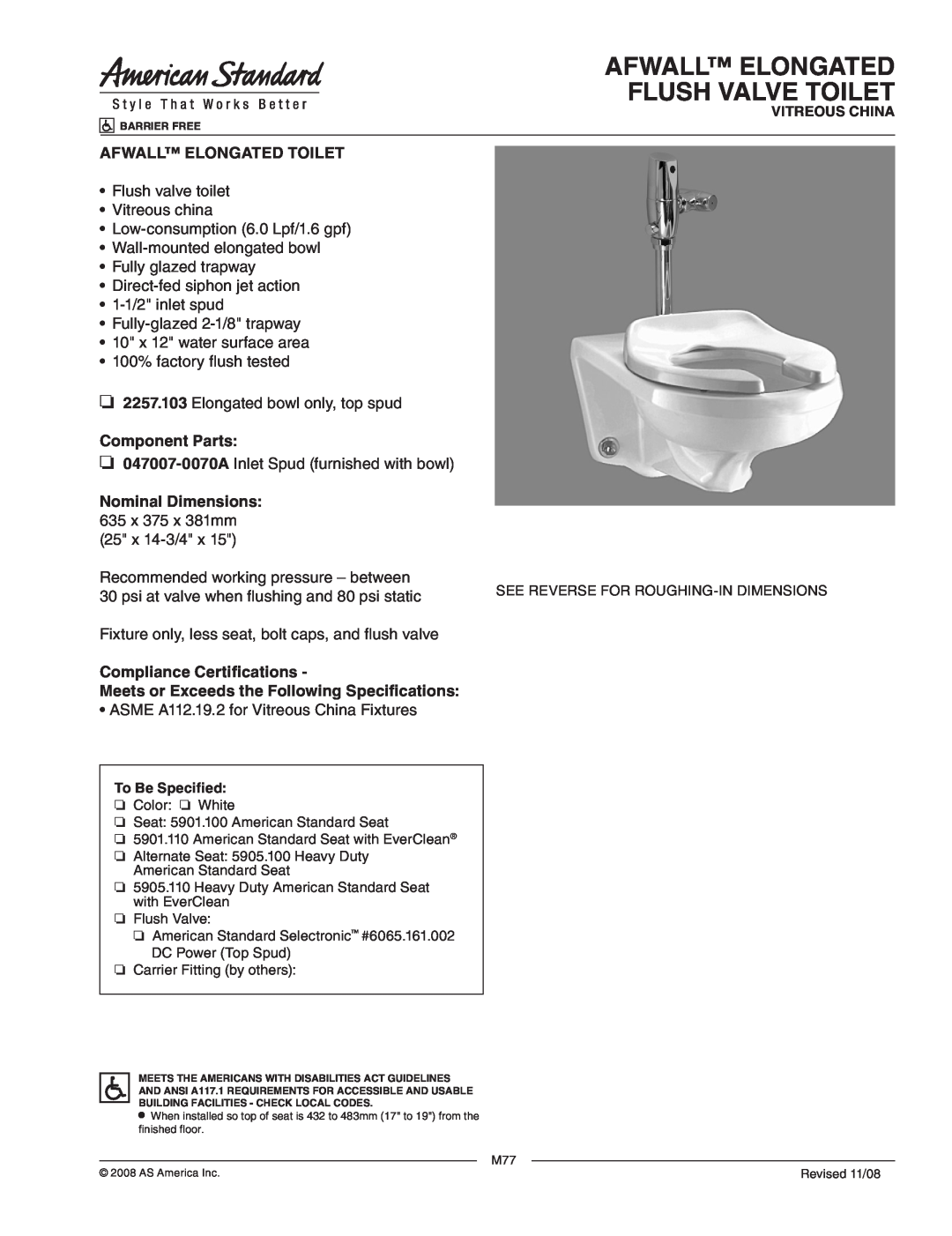 American Standard 2257.103 dimensions Afwall Elongated Flush Valve Toilet, Afwall Elongated Toilet, Component Parts 