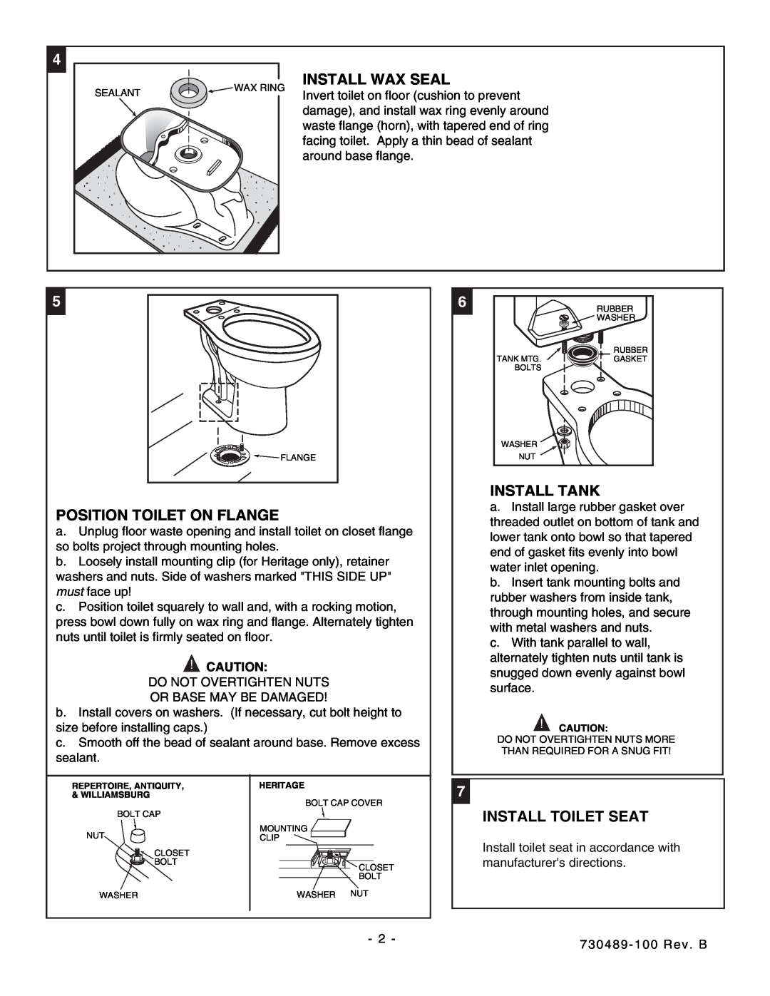 American Standard 2264.702 dimensions Install Wax Seal, Install Tank, Position Toilet On Flange, Install Toilet Seat 