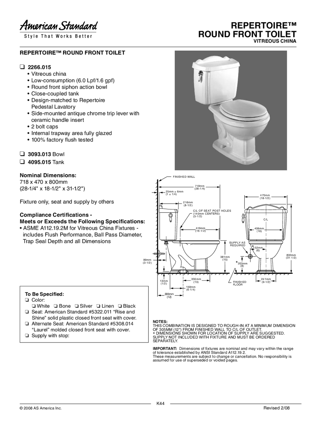 American Standard 2266.015 dimensions Repertoire Round Front Toilet 