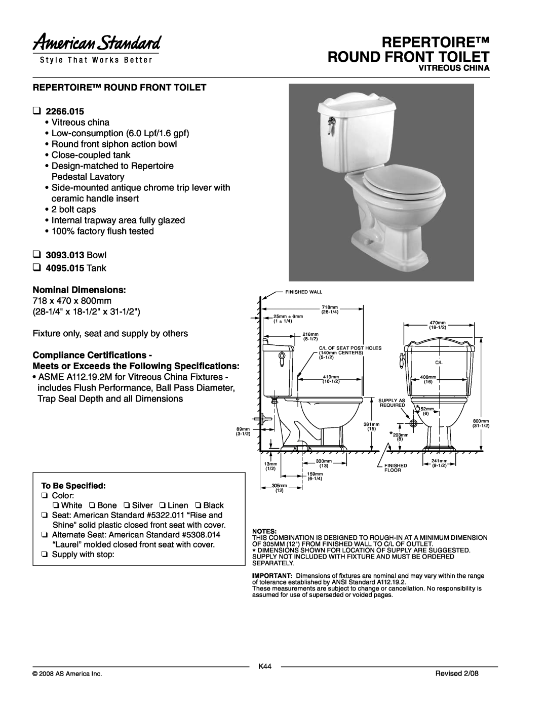 American Standard 2266.015 dimensions Repertoire Round Front Toilet, Bowl 4095.015 Tank, Nominal Dimensions 
