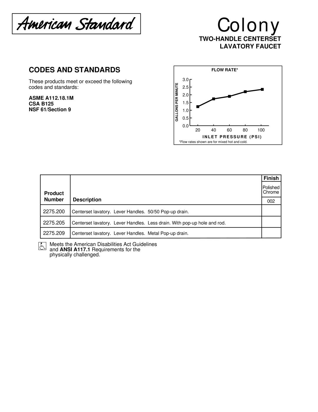 American Standard 2275.205 Codes and Standards, TWO-HANDLE Centerset Lavatory Faucet, Product Number Description, Finish 