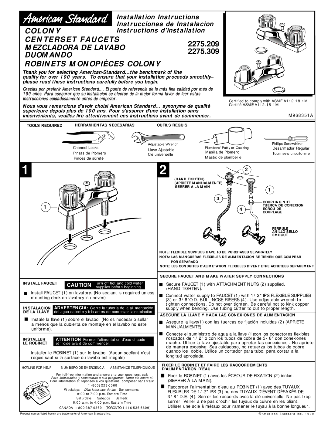 American Standard 2275.209 installation instructions Tools Required, Secure Faucet and Make Water Supply Connections 