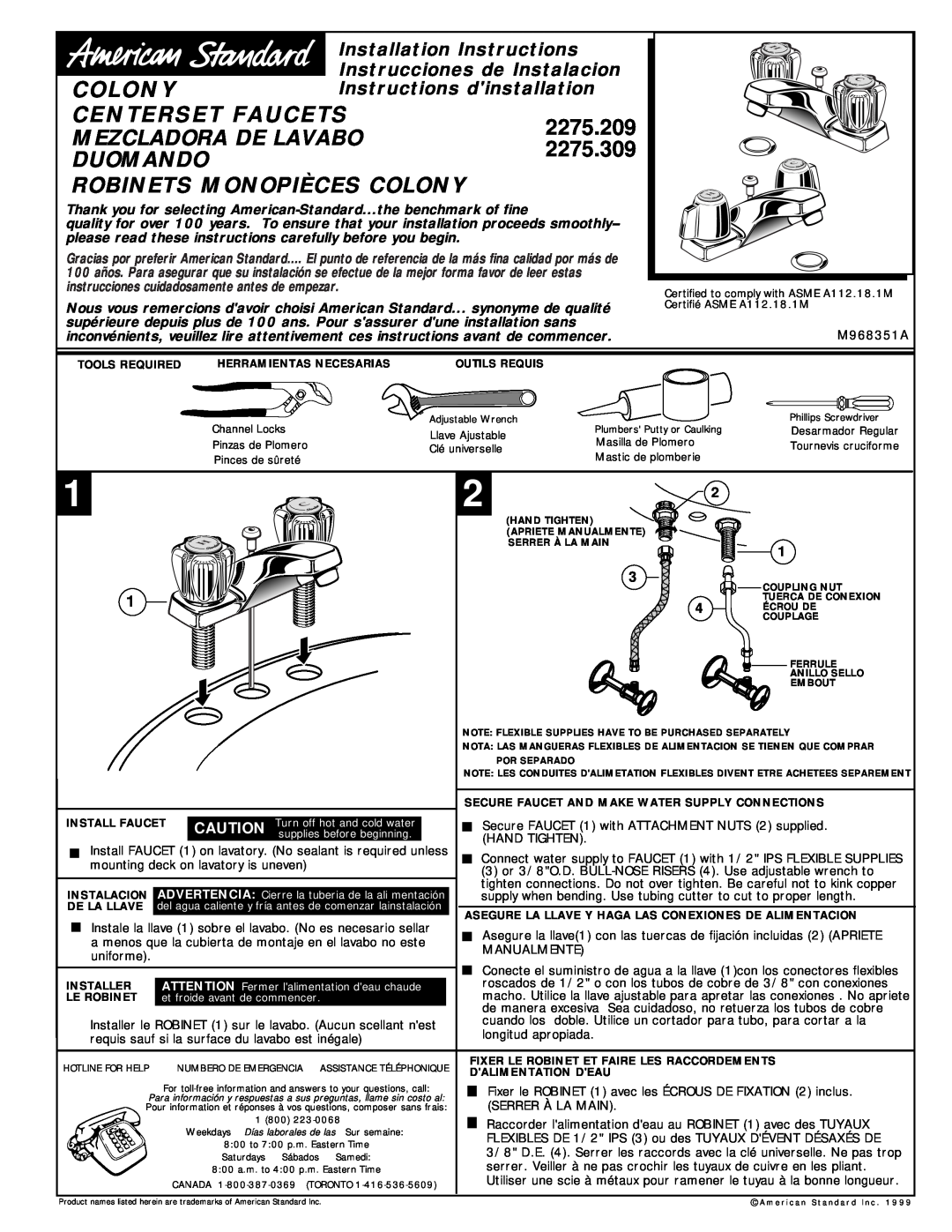 American Standard 2275.209 installation instructions Colony, Centerset Faucets, Mezcladora De Lavabo, 2275.309, Duomando 