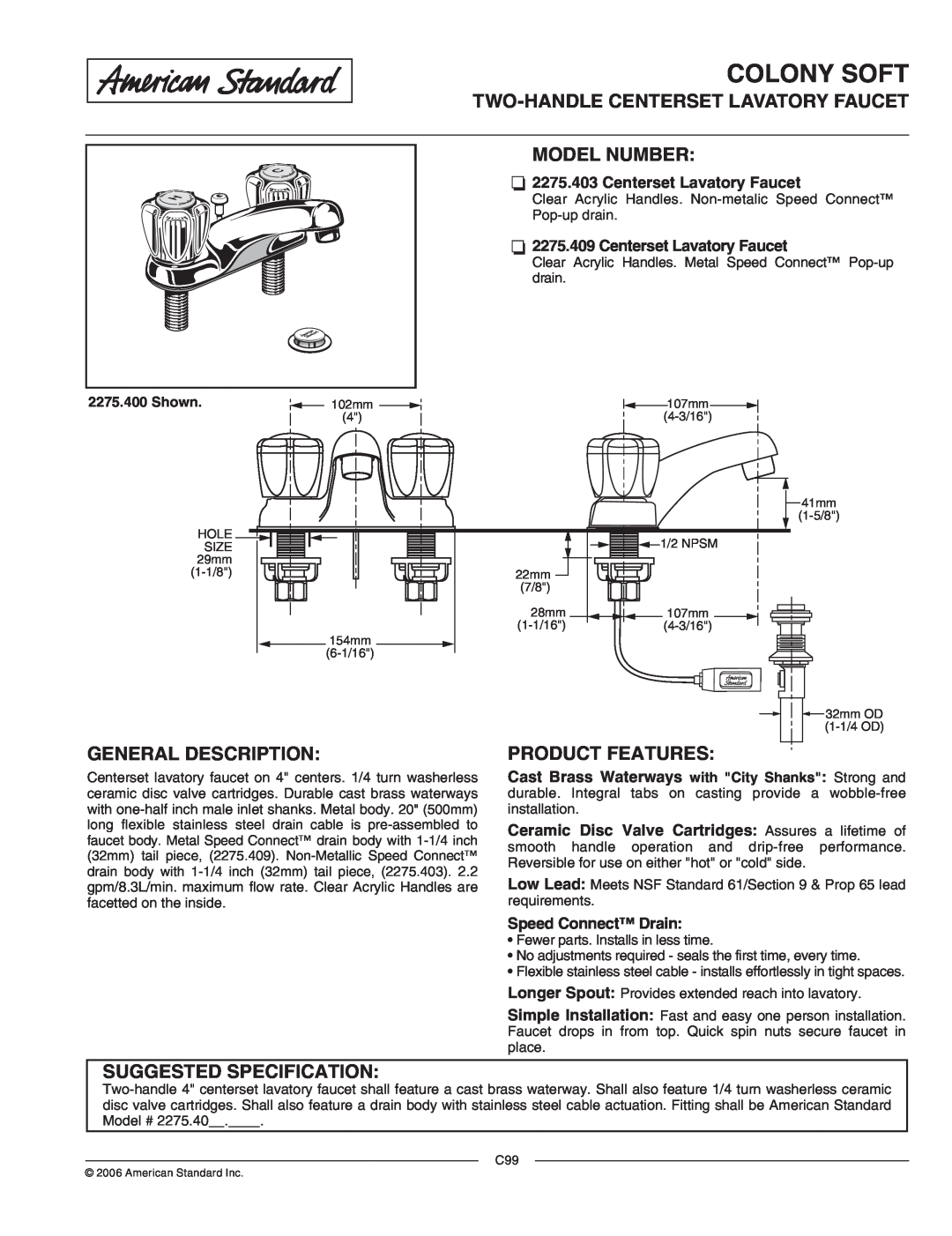 American Standard 2275.40 manual Colony Soft, Two-Handlecenterset Lavatory Faucet Model Number, General Description, Shown 