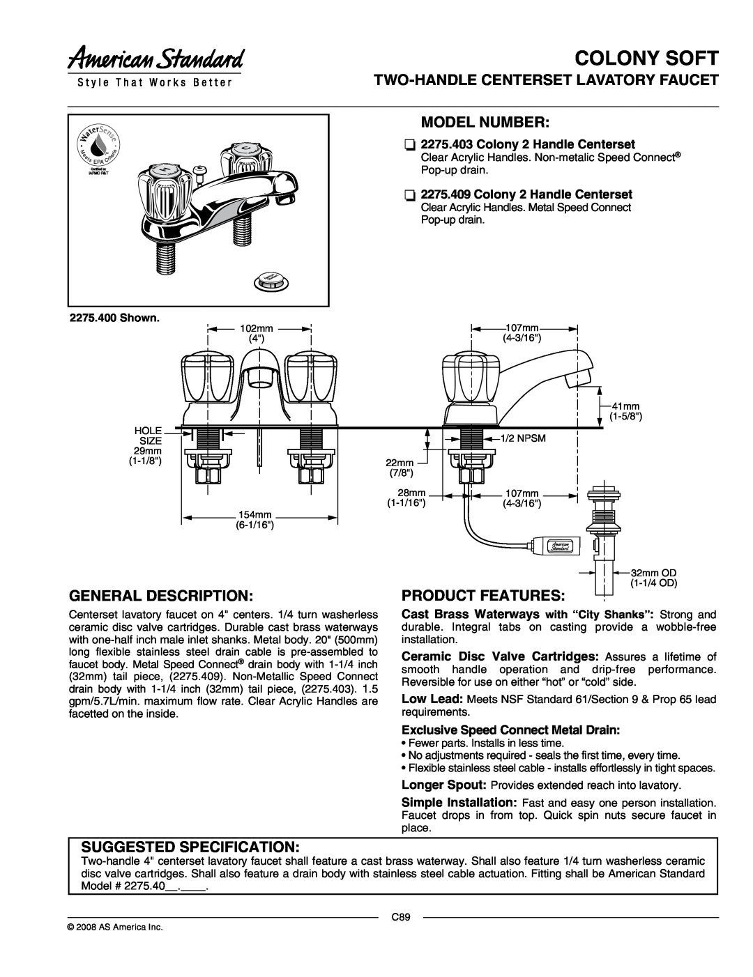 American Standard 2275.403 manual Colony Soft, Two-Handlecenterset Lavatory Faucet Model Number, General Description 