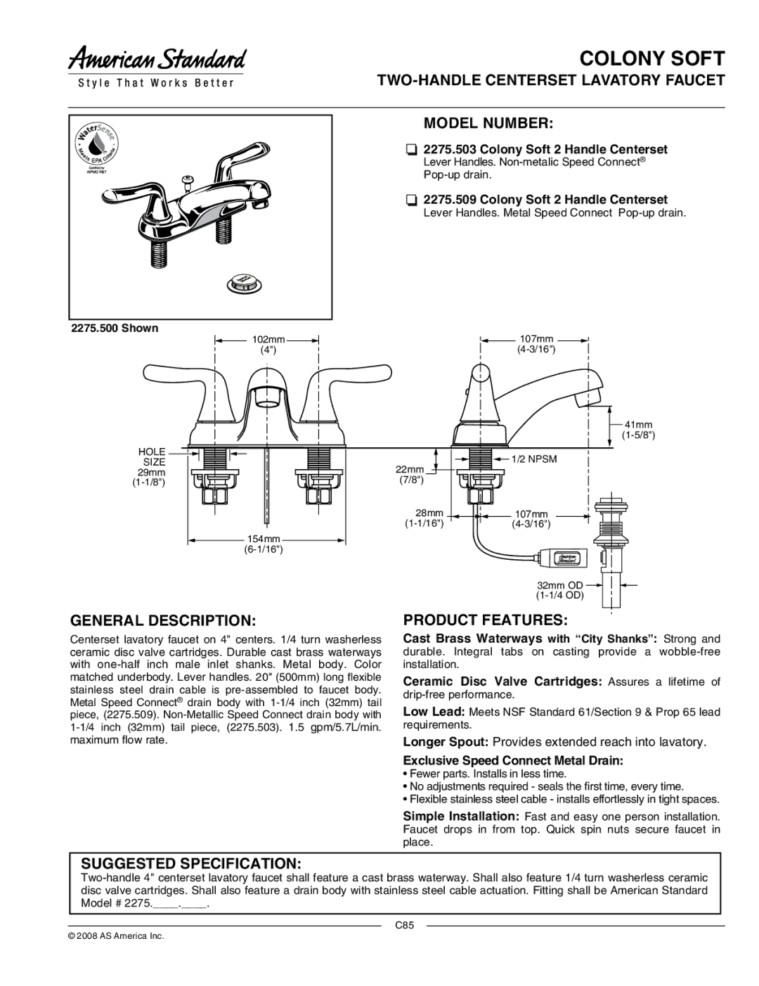 American Standard 2275.503 manual TWO-HANDLE Centerset Lavatory Faucet Model Number, General Description 