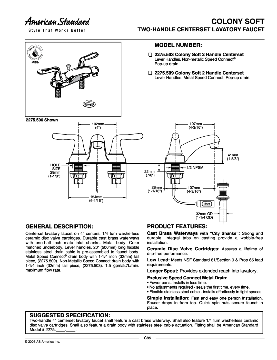 American Standard 2275.503 manual Colony Soft, Two-Handlecenterset Lavatory Faucet Model Number, General Description 