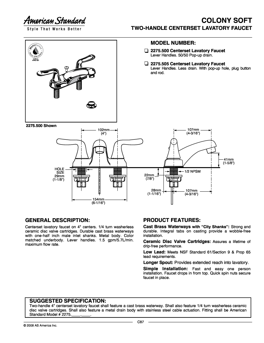 American Standard 2275.503 manual Product Features, Centerset Lavatory Faucet, Colony Soft, General Description, Shown 