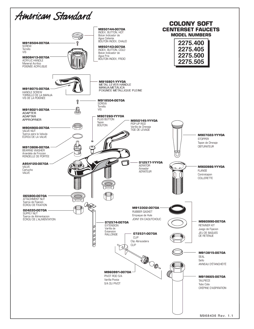 American Standard 2275.405 manual 2275.400, 2275.500, 2275.505, Colony Soft 