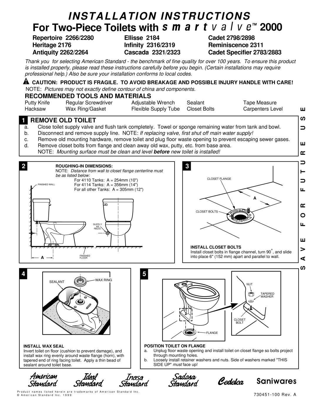 American Standard 2319 installation instructions Recommended Tools and Materials, Remove OLD Toilet, Install Closet Bolts 