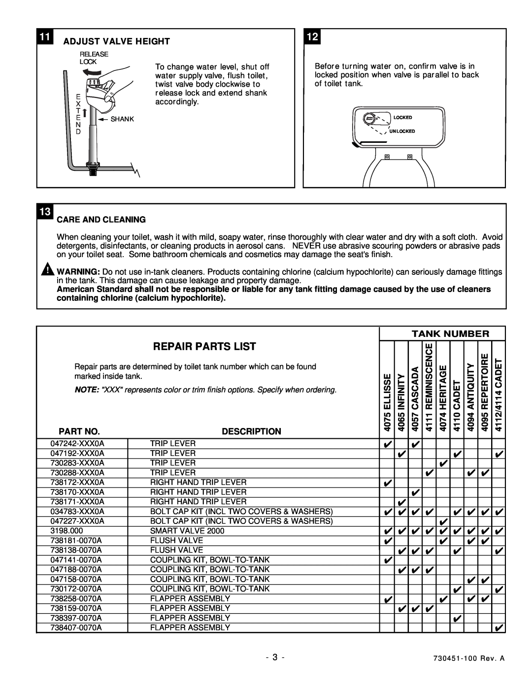American Standard 2262, 2316, 2319, 2280 installation instructions Repair Parts List, 11ADJUST VALVE HEIGHT 