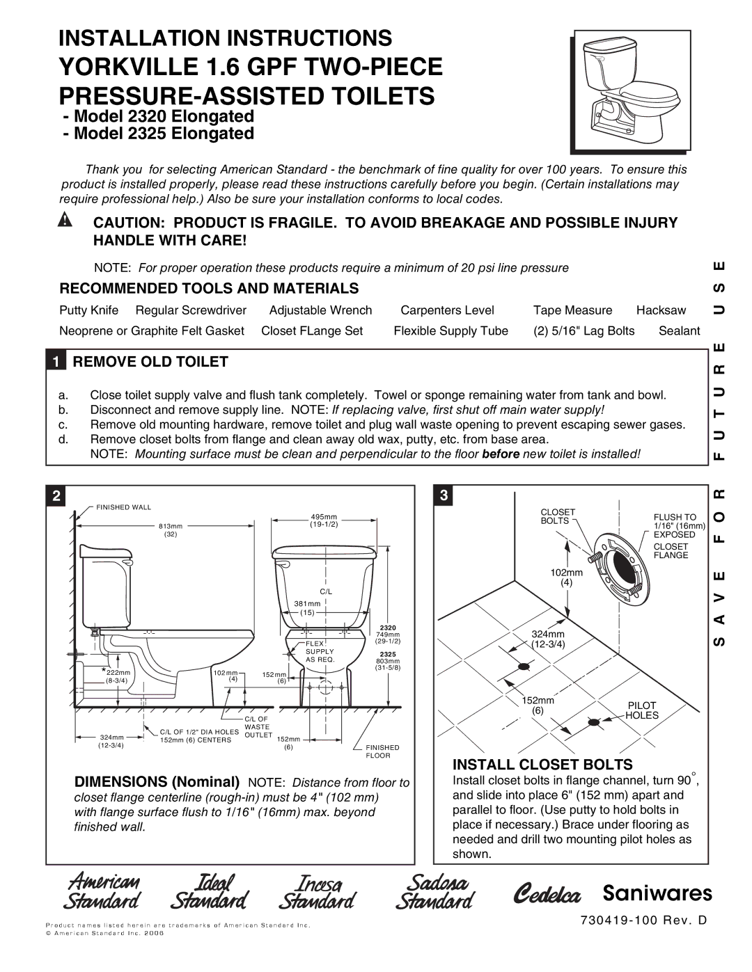 American Standard 2325 Elongated installation instructions Recommended Tools and Materials, Remove OLD Toilet, V E F O R 