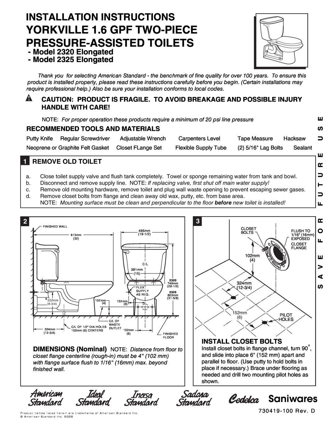 American Standard 2325 Elongated installation instructions Recommended Tools And Materials, 1REMOVE OLD TOILET, Saniwares 