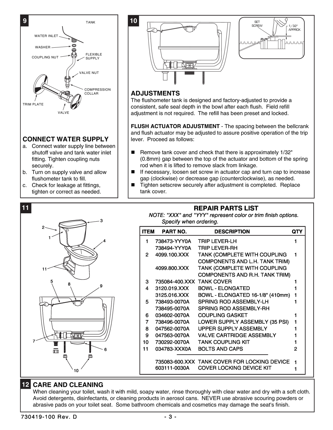 American Standard 2325 Elongated Connect Water Supply, Adjustments, Repair Parts List, 12CARE AND CLEANING, Description 