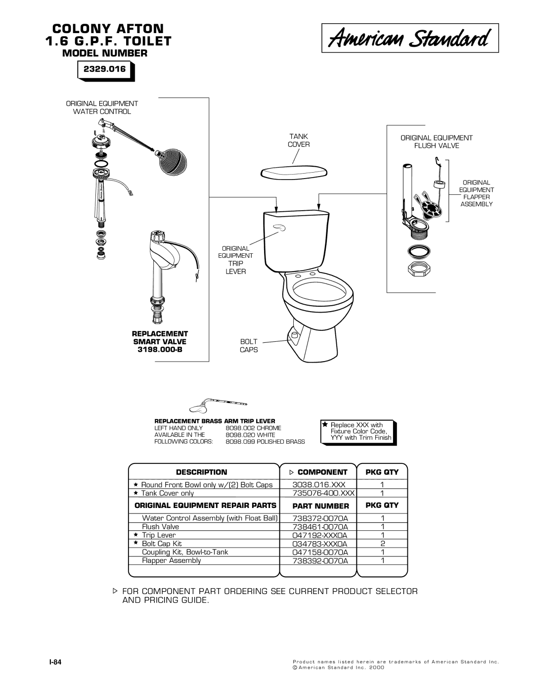 American Standard 2329.016 manual Colony Afton G.P.F. Toilet, Model Number 