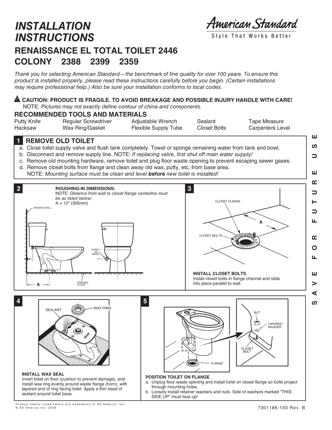 American Standard 2399, 2359, 2388 installation instructions Recommended Tools and Materials, Remove OLD Toilet 