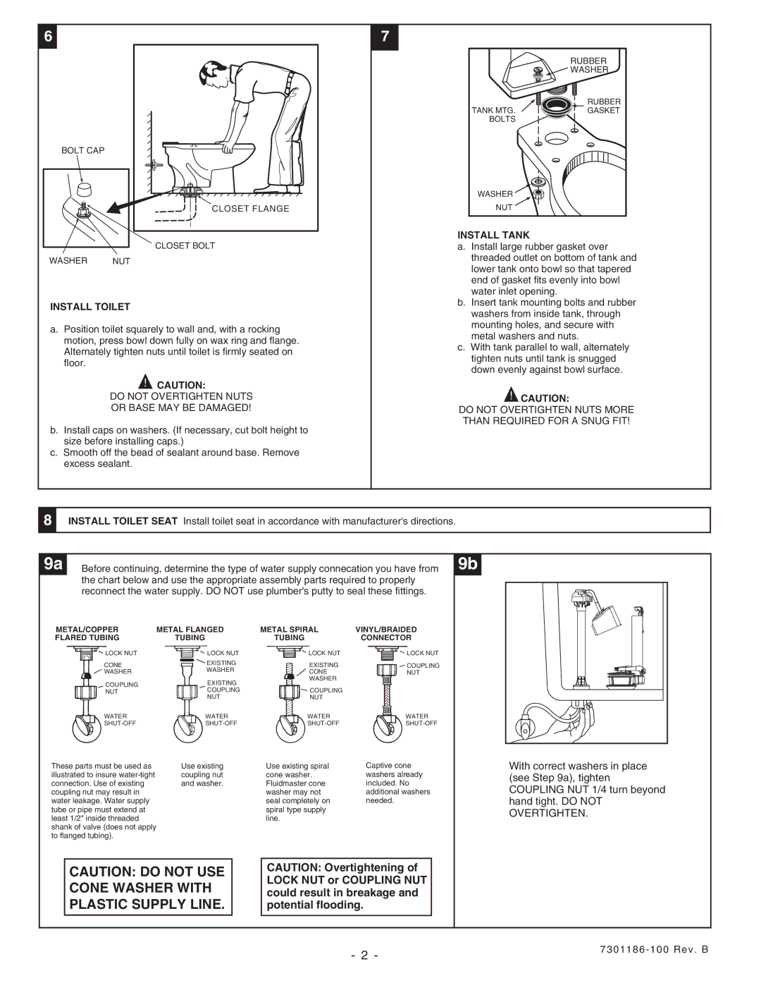 American Standard 2388, 2359, 2399 Install Tank, Install Toilet, Do not Overtighten Nuts Or Base MAY be Damaged 