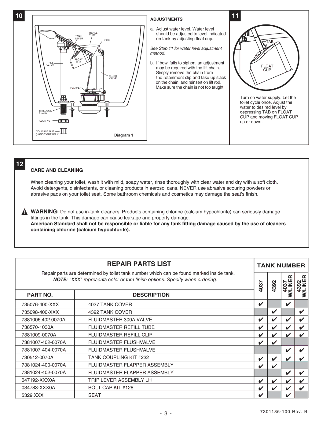 American Standard 2359, 2399, 2388 installation instructions Repair Parts List, Adjustments 