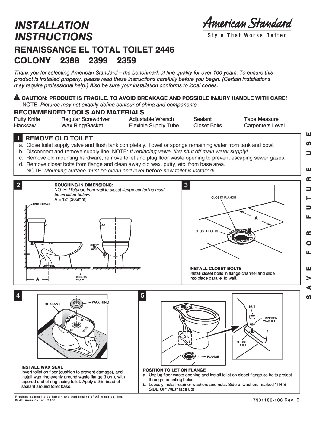 American Standard 2399, 2359, 2388 installation instructions Recommended Tools And Materials, 1REMOVE OLD TOILET 
