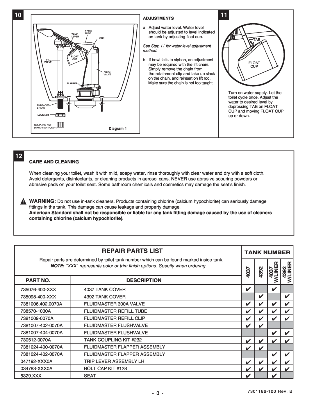 American Standard 2359 Repair Parts List, Description, Tank Number, 4037 W/LINER, 4392 W/LINER, Care And Cleaning 