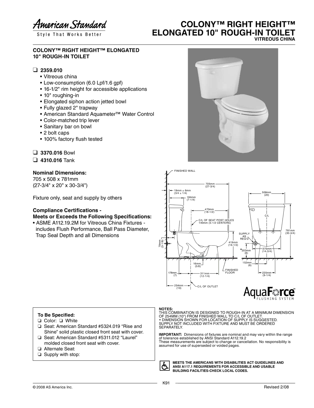 American Standard 3370.016, 2359.010 dimensions Colony Right Height Elongated 10 ROUGH-IN Toilet 