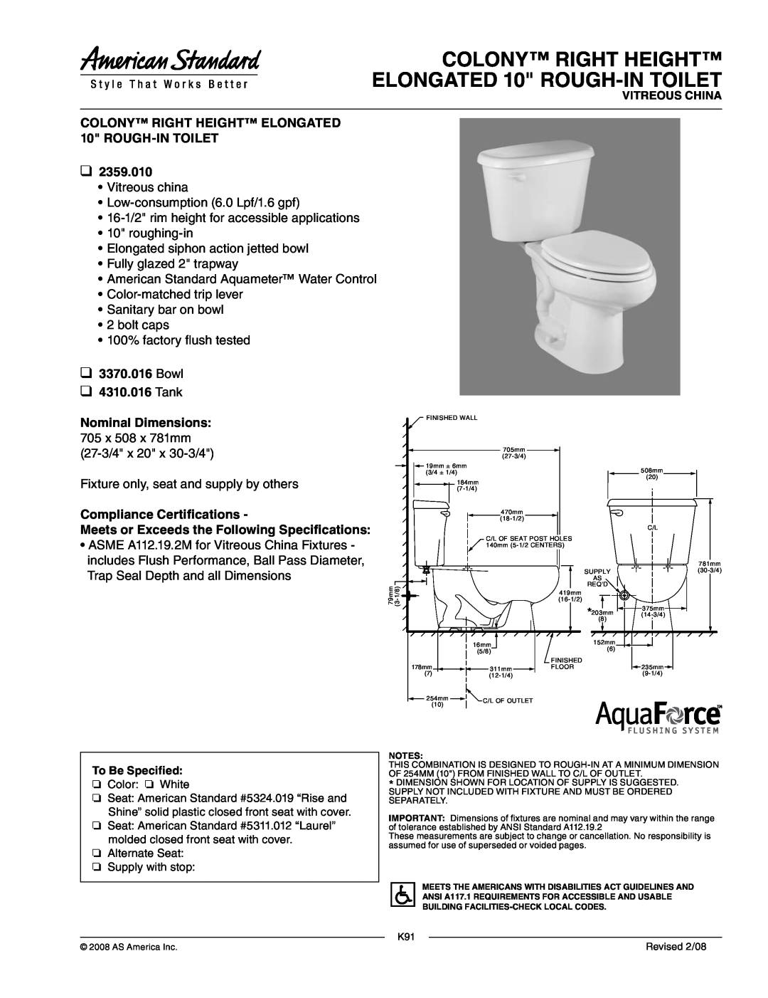 American Standard 3370.016 dimensions COLONY RIGHT HEIGHT ELONGATED 10 ROUGH-INTOILET, 2359.010, Bowl 4310.016 Tank 