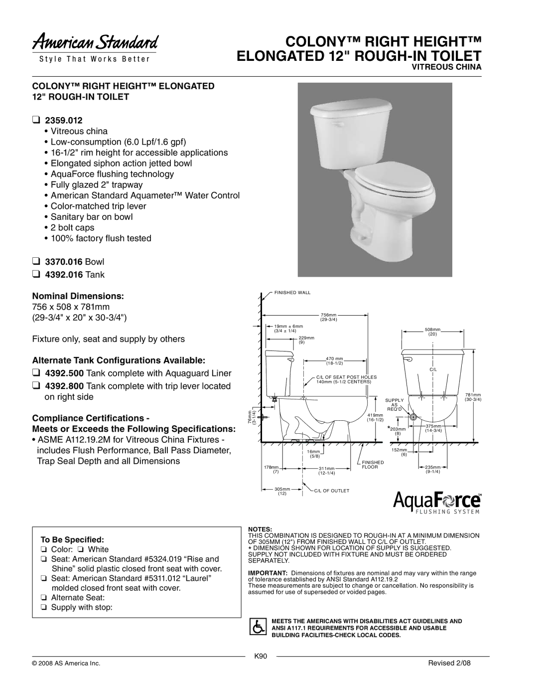 American Standard 2359.012 dimensions Colony Right Height Elongated 12 ROUGH-IN Toilet 