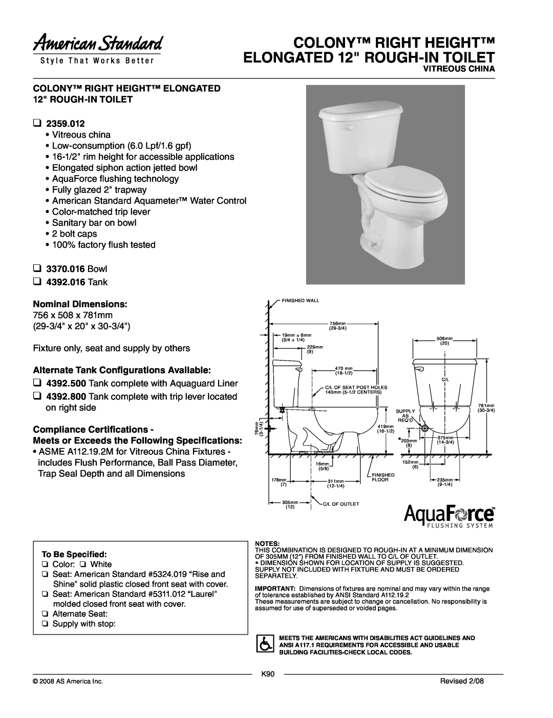 American Standard 2359.012 dimensions COLONY RIGHT HEIGHT ELONGATED 12 ROUGH-INTOILET, Bowl 4392.016 Tank 