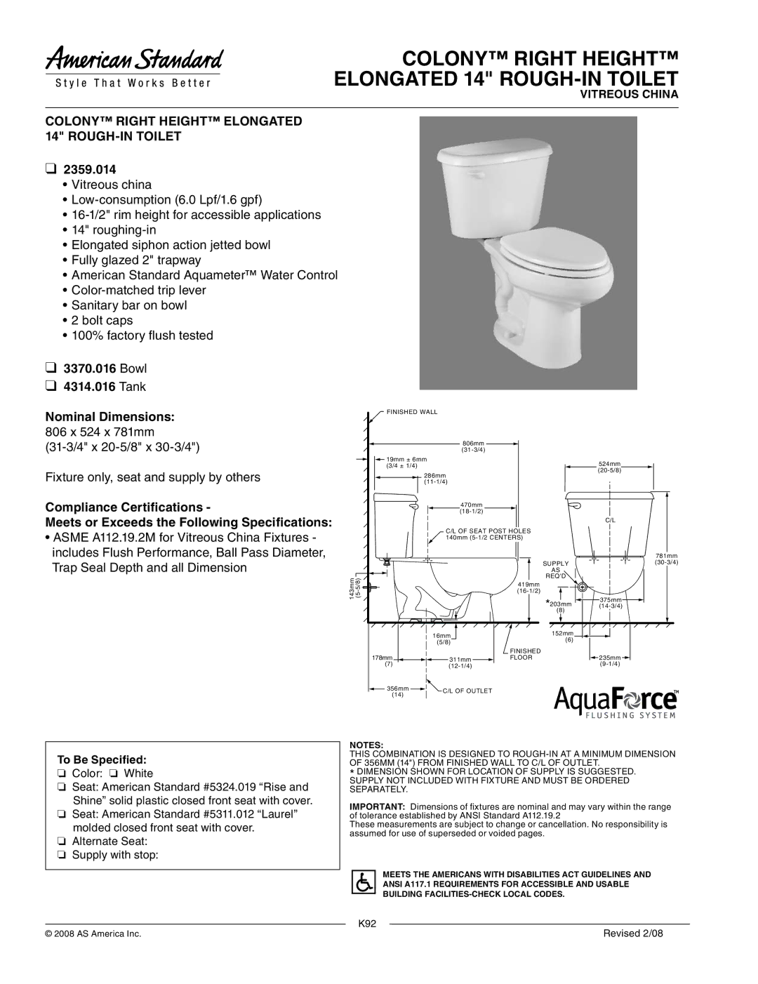 American Standard 2359.014 dimensions Colony Right Height Elongated 14 ROUGH-IN Toilet 