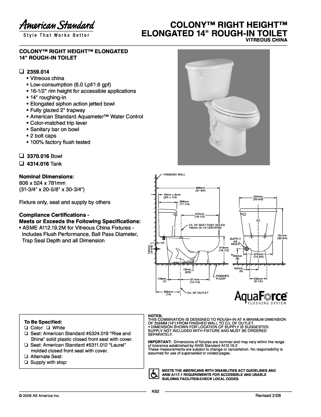 American Standard 2359.014 dimensions COLONY RIGHT HEIGHT ELONGATED 14 ROUGH-INTOILET, Bowl 4314.016 Tank 