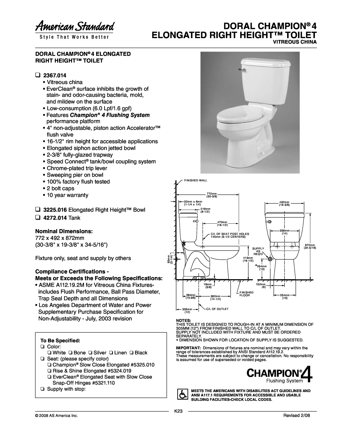 American Standard 2367.014 dimensions Doral Champion Elongated Right Height Toilet, Tank Nominal Dimensions 