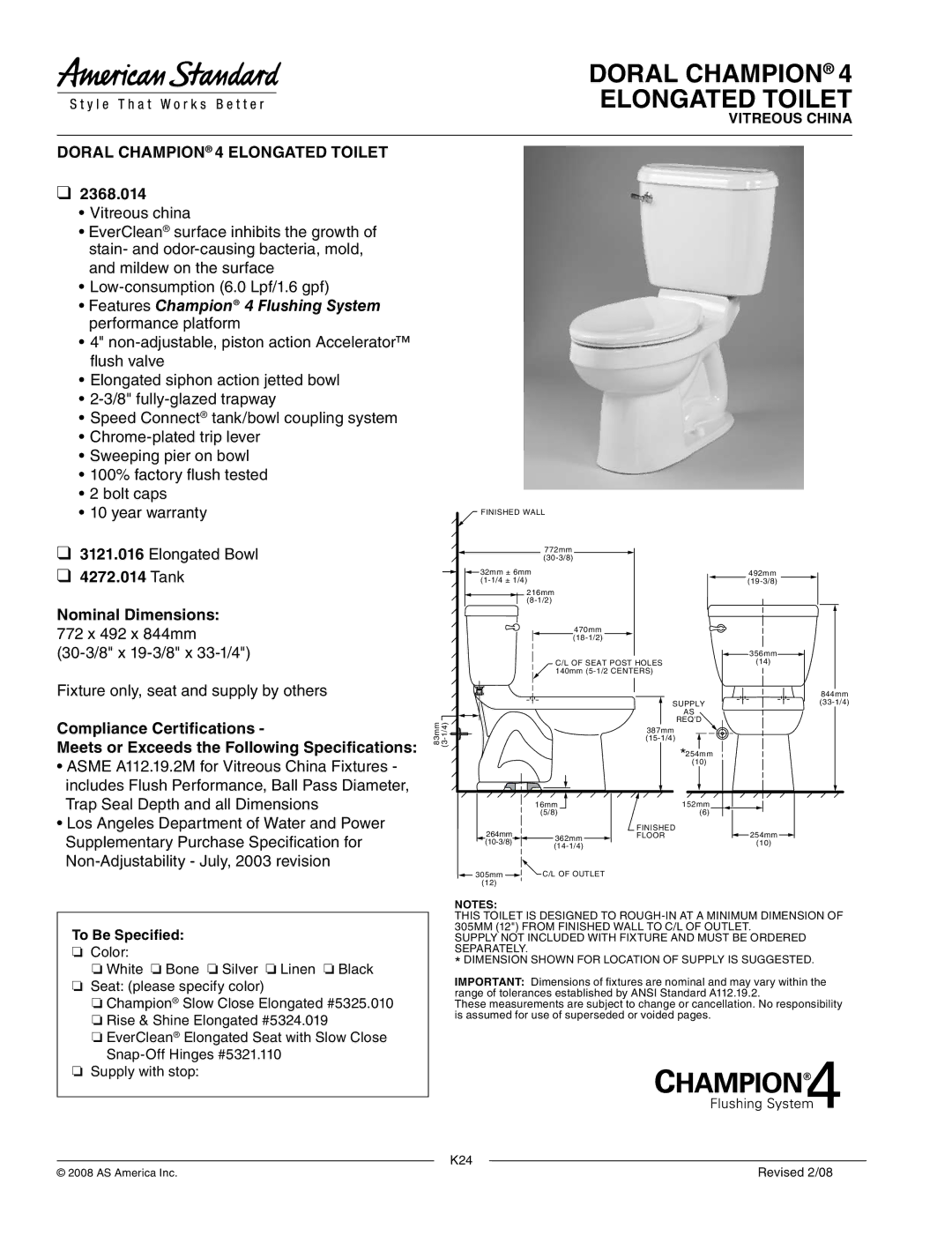 American Standard 4272.014 dimensions Doral Champion Elongated Toilet, Doral Champion 4 Elongated Toilet, 2368.014 