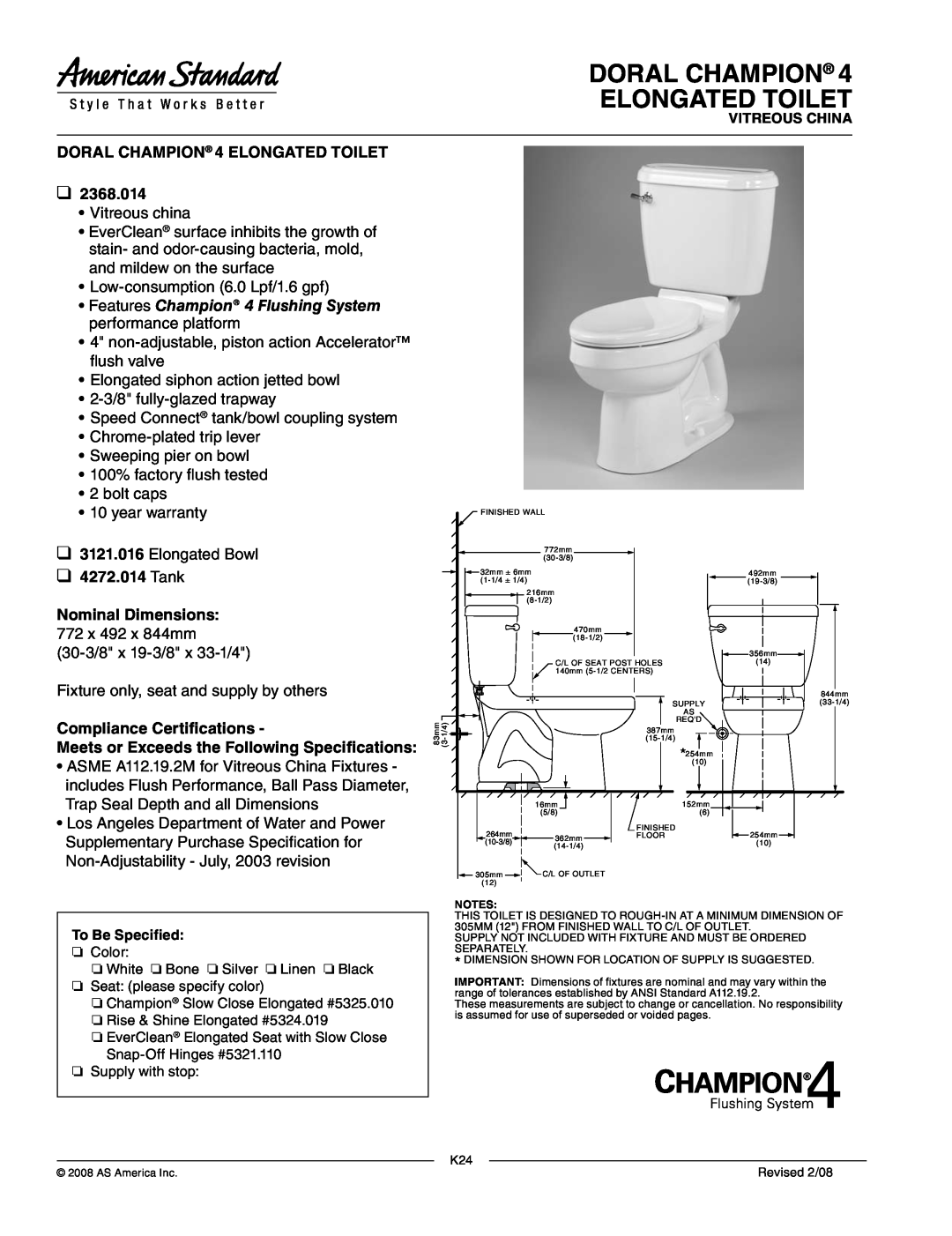 American Standard 4272.014 dimensions Doral Champion Elongated Toilet, DORAL CHAMPION 4 ELONGATED TOILET, 2368.014 
