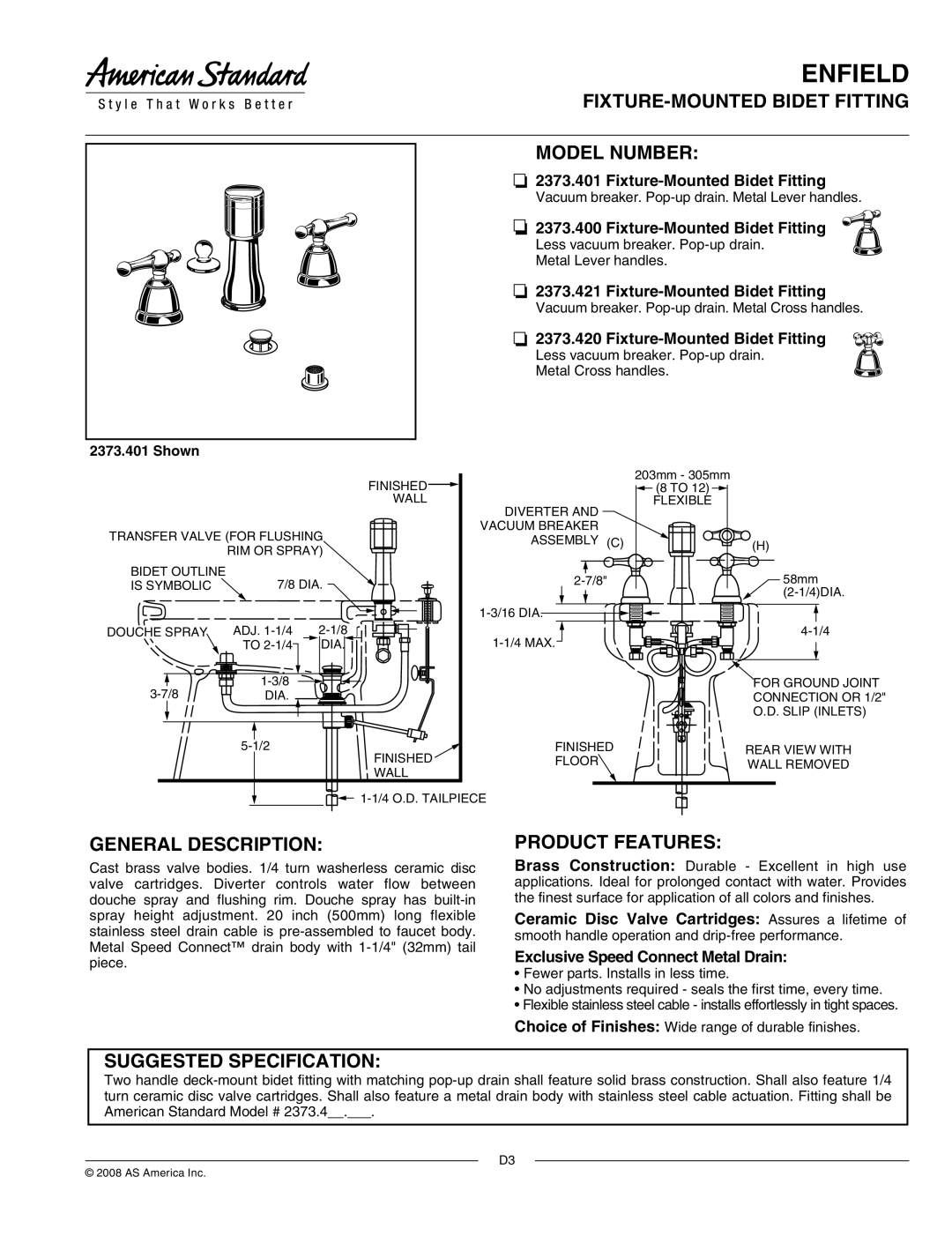 American Standard 2373.400 manual FIXTURE-MOUNTED Bidet Fitting Model Number, General Description, Product Features 