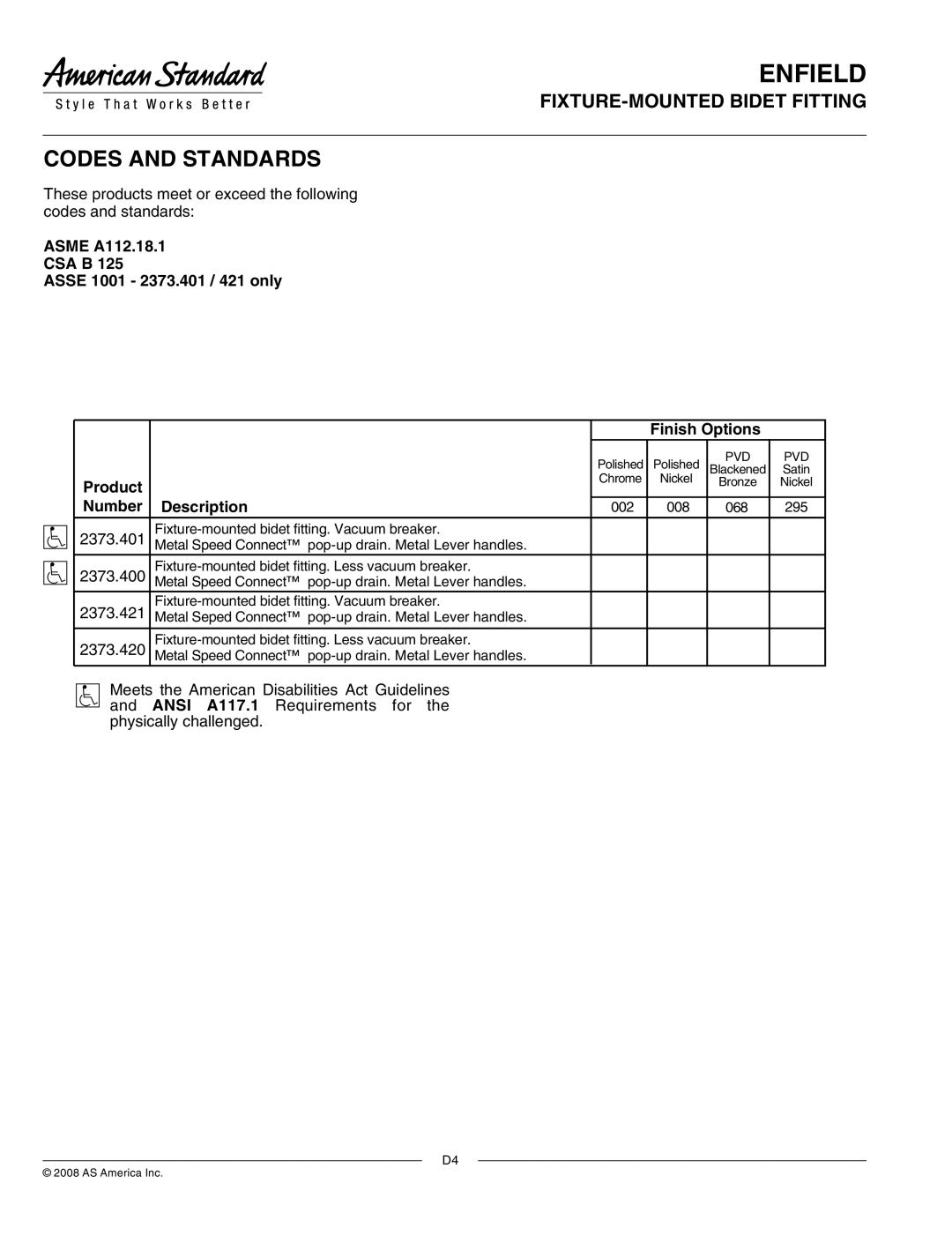 American Standard 2373.420, 2373.400 manual FIXTURE-MOUNTED Bidet Fitting, Product, Number Description 