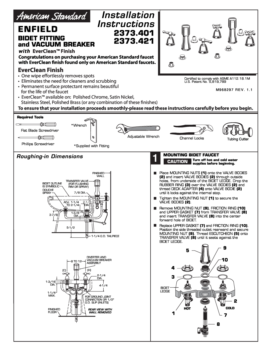 American Standard 2373.401 installation instructions Installation, Instructions, Enfield, 2373.421, Bidet Fitting 