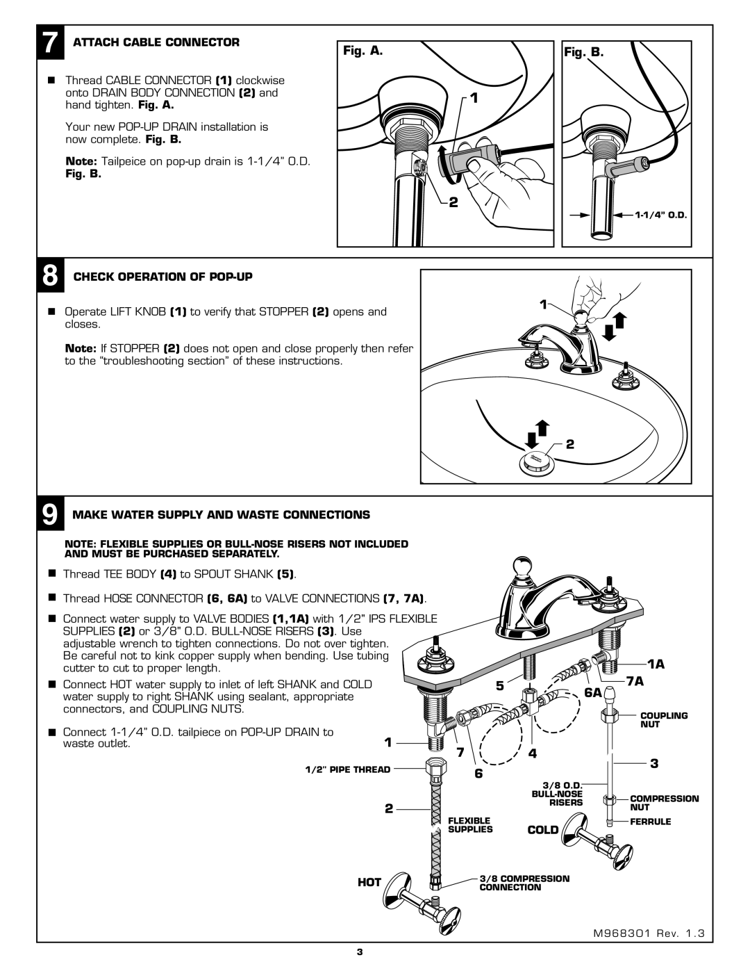 American Standard 2373.821 Attach Cable Connector, Check Operation of POP-UP, Make Water Supply and Waste Connections, Hot 