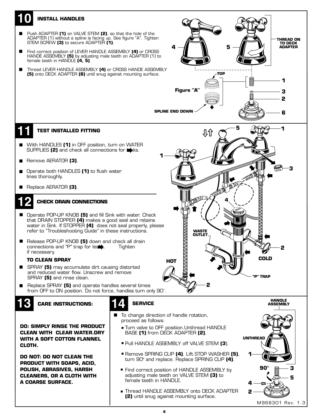 American Standard 2373.821 Install Handles, Test Installed Fitting, Check Drain Connections, To Clean Spray HOT 