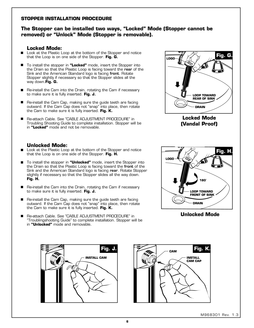 American Standard 2373.821 installation instructions Unlocked Mode, Locked Mode Vandal Proof 