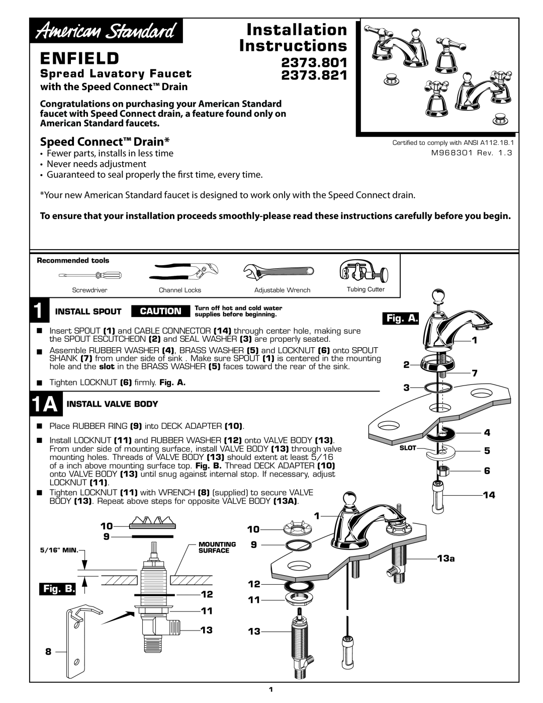 American Standard 2373.821 installation instructions 2373.801, Speed Connect Drain, Spread Lavatory Faucet, Installation 
